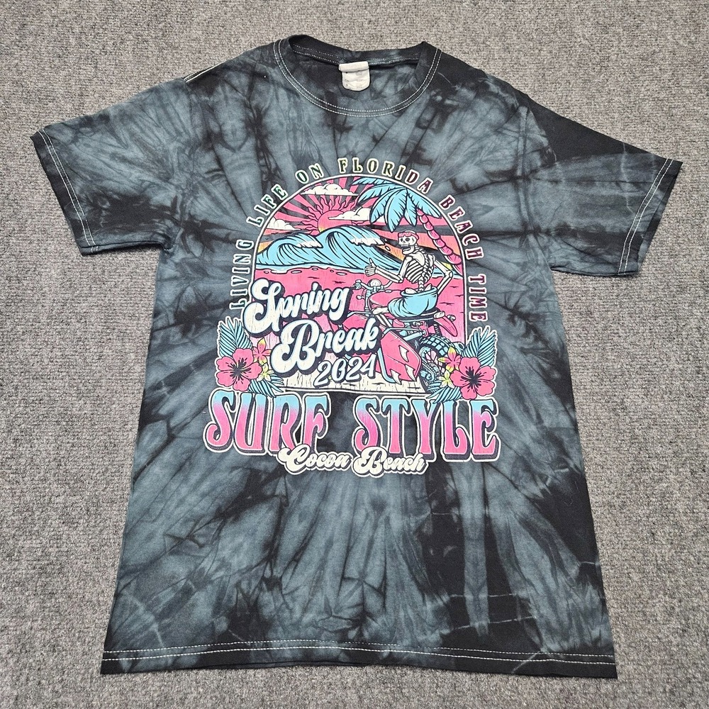 Spring Break 2024 Cocoa Beach Florida Skeletons Mens Small‎ Black Tie Dye Surf
